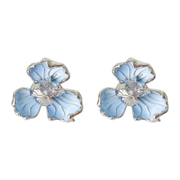 Blue Enamel Zircon Floral Silver Earrings - Picture 2 of 5